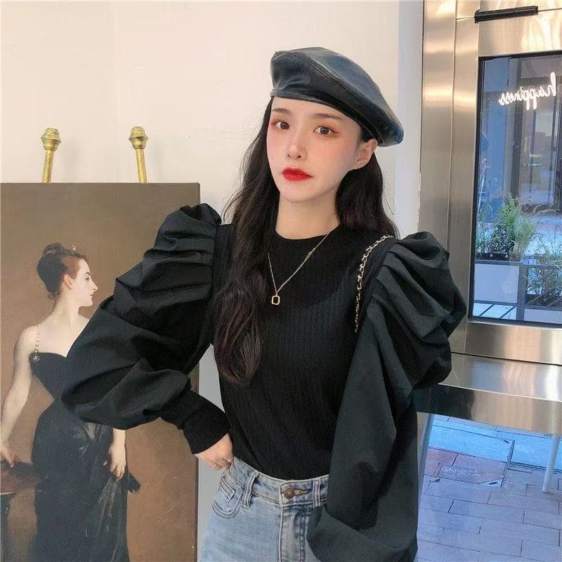 봄 가을 새로운 프랑스식 레트로 거품 소매 맨위 궁정 바람 다용도 외국 가스 몸매 가꾸기 풀오버 니트 스웨터 여성 상세 이미지 8