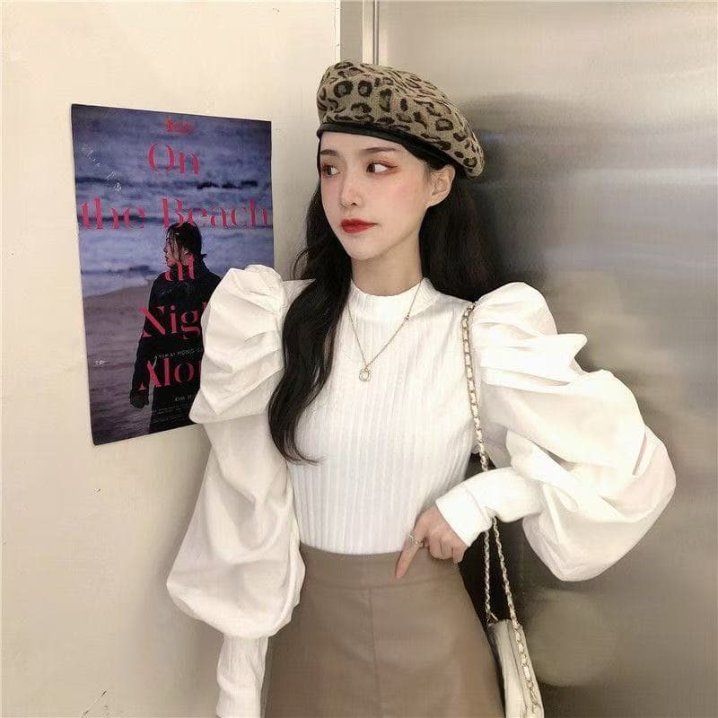 봄 가을 새로운 프랑스식 레트로 거품 소매 맨위 궁정 바람 다용도 외국 가스 몸매 가꾸기 풀오버 니트 스웨터 여성 상세 이미지 9