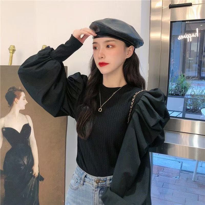 봄 가을 새로운 프랑스식 레트로 거품 소매 맨위 궁정 바람 다용도 외국 가스 몸매 가꾸기 풀오버 니트 스웨터 여성 상세 이미지 13
