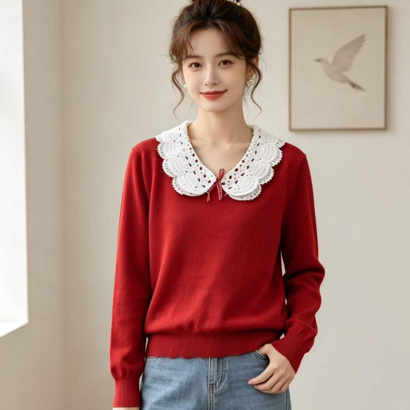 2026 일본식 달콤한 자매 베이비 칼라 자수 나비 매듭 패치워크 긴팔 오픈 가디건