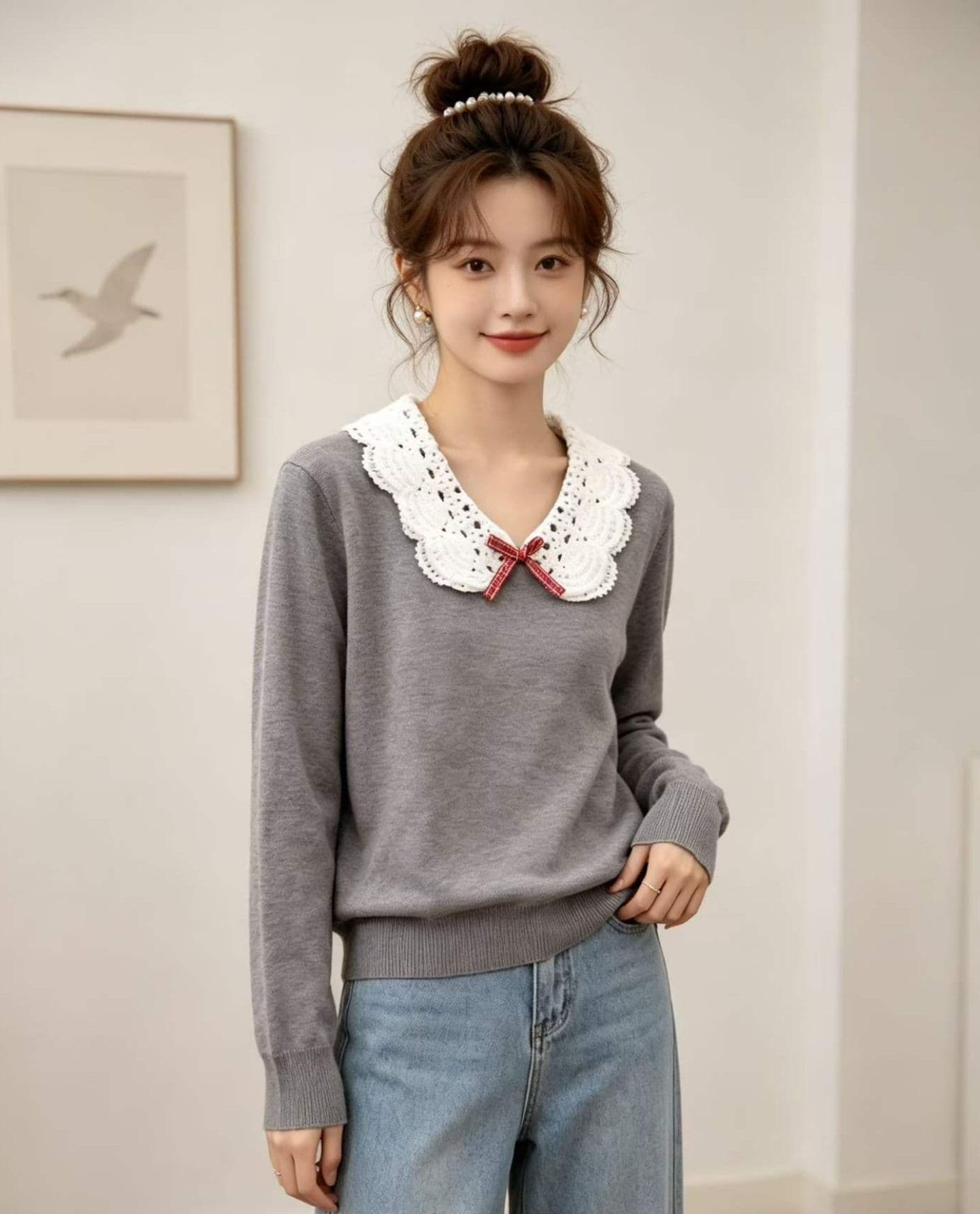 2026 일본식 달콤한 자매 베이비 칼라 자수 나비 매듭 패치워크 긴팔 오픈 가디건 상세 이미지 3