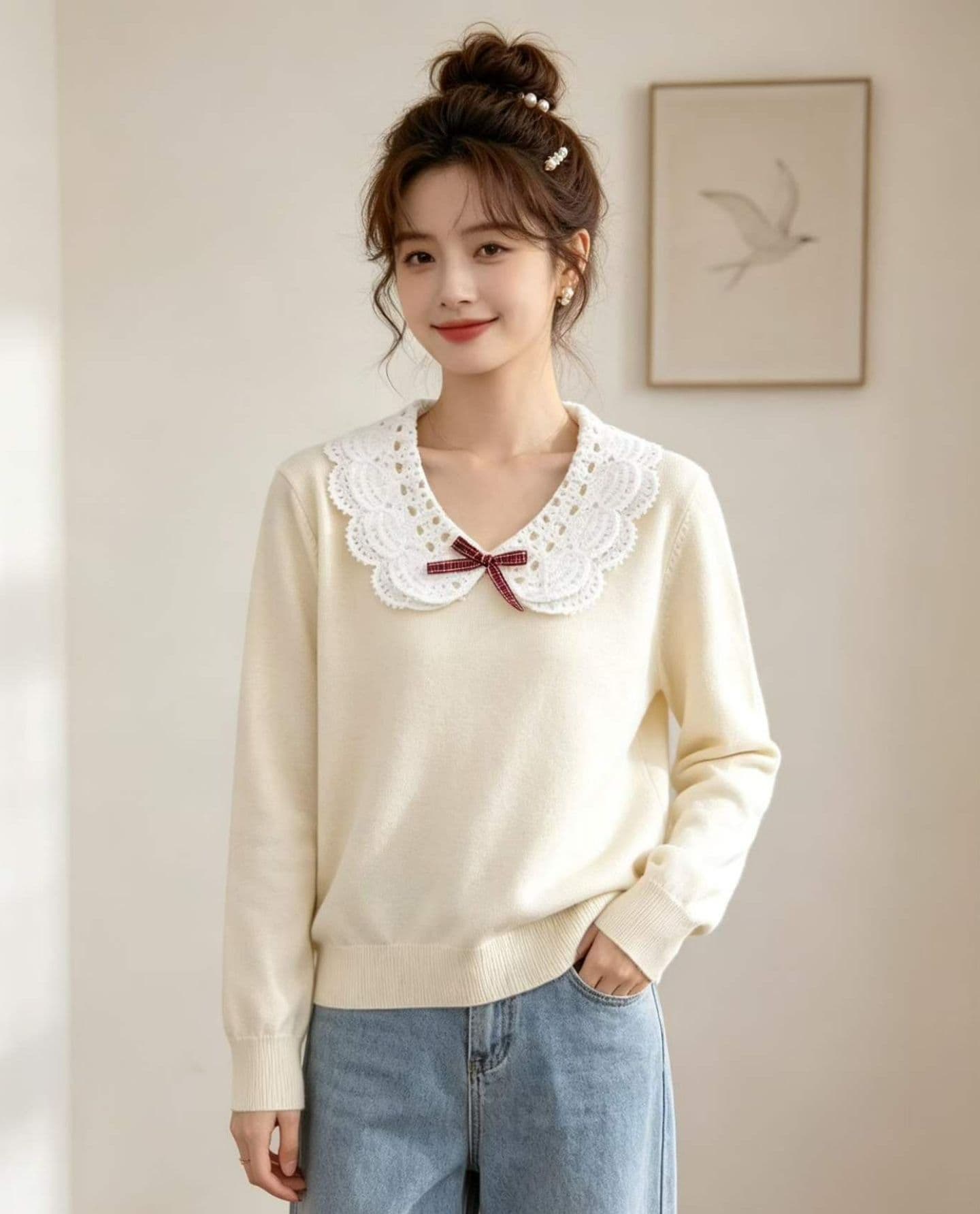 2026 일본식 달콤한 자매 베이비 칼라 자수 나비 매듭 패치워크 긴팔 오픈 가디건 상세 이미지 5