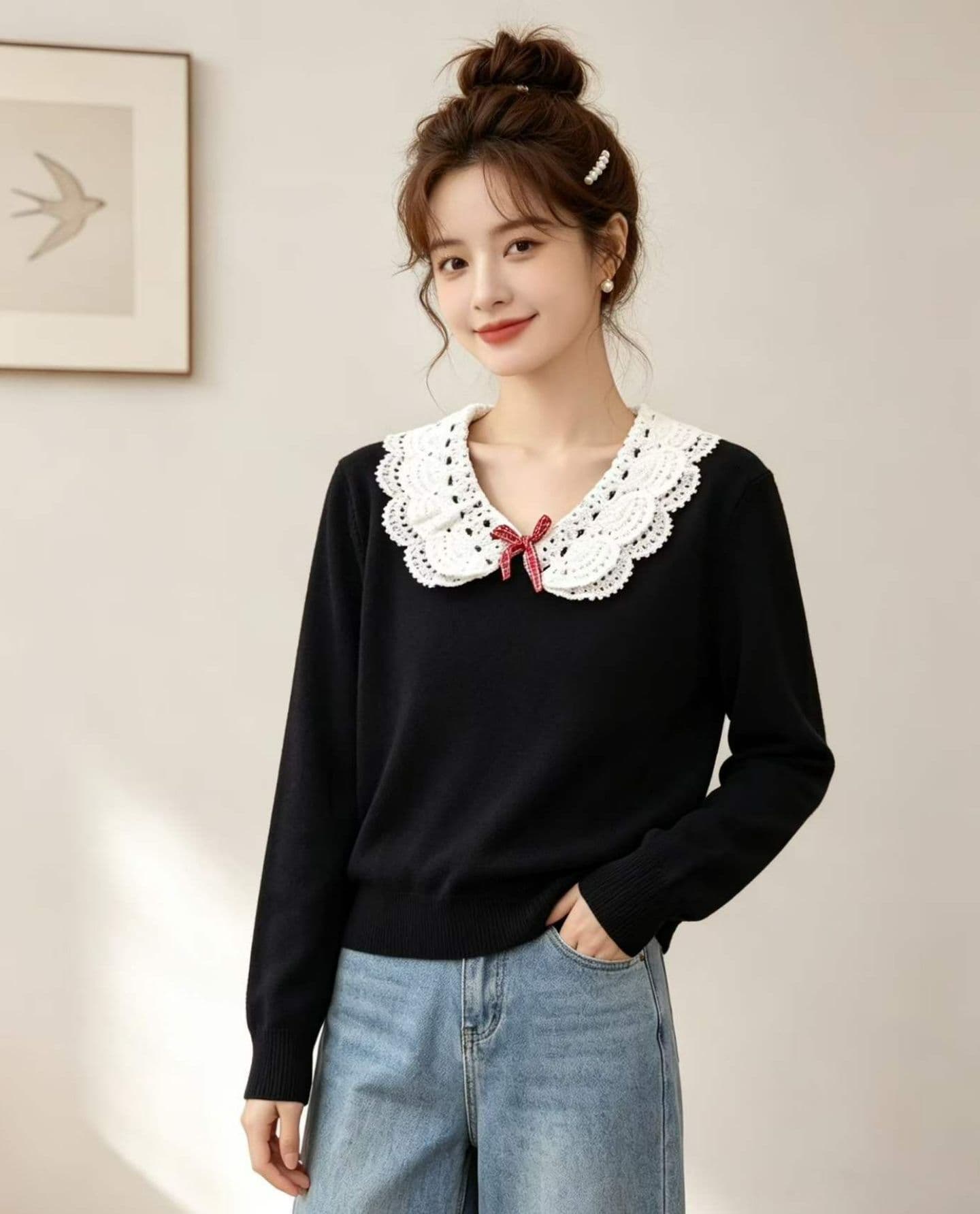 2026 일본식 달콤한 자매 베이비 칼라 자수 나비 매듭 패치워크 긴팔 오픈 가디건 상세 이미지 6