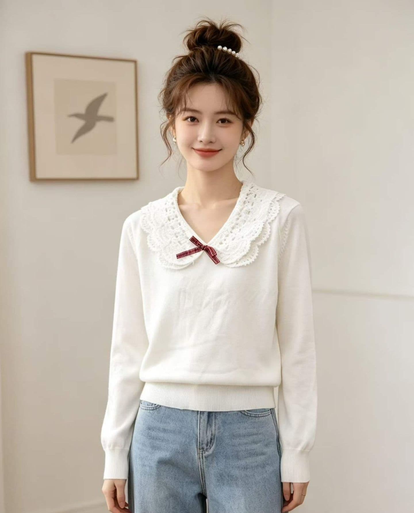 2026 일본식 달콤한 자매 베이비 칼라 자수 나비 매듭 패치워크 긴팔 오픈 가디건 상세 이미지 7
