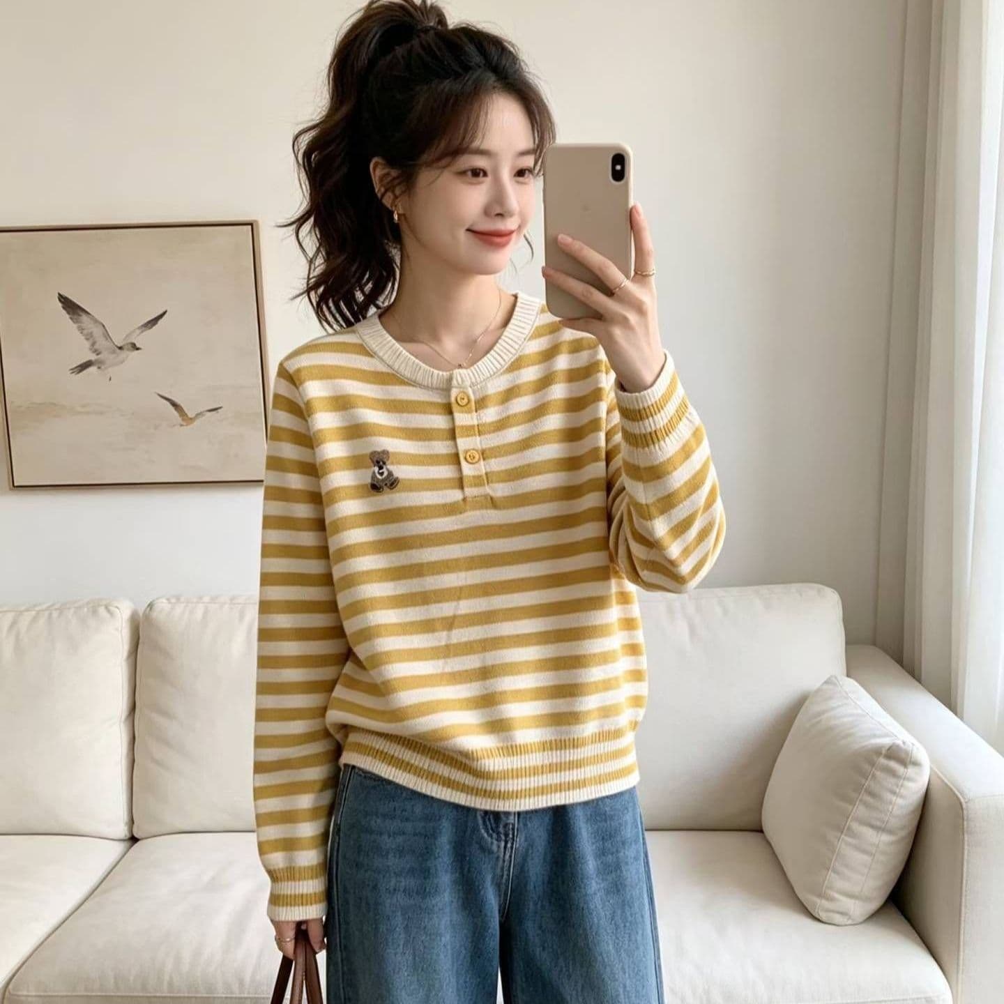2026 패션 라운드 넥 반 개방 단추 배색 스트라이프 풀오버 긴팔