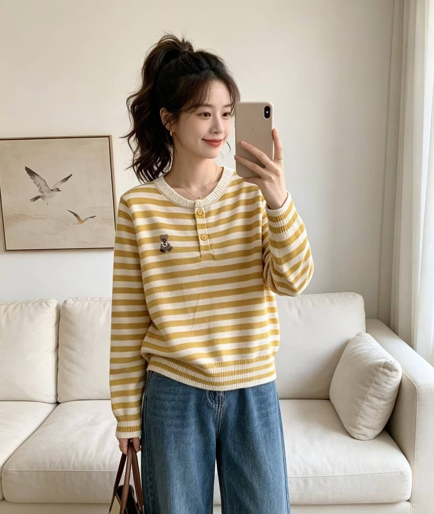 2026 패션 라운드 넥 반 개방 단추 배색 스트라이프 풀오버 긴팔 상세 이미지 3