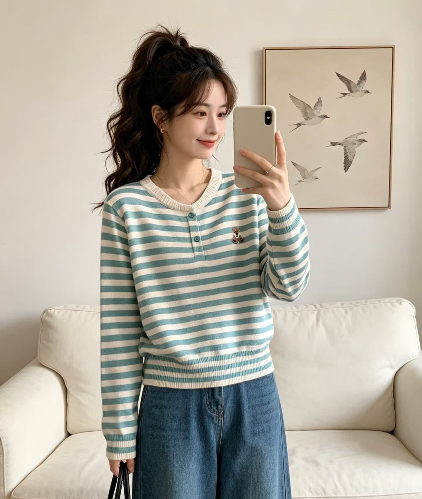 2026 패션 라운드 넥 반 개방 단추 배색 스트라이프 풀오버 긴팔 상세 이미지 6