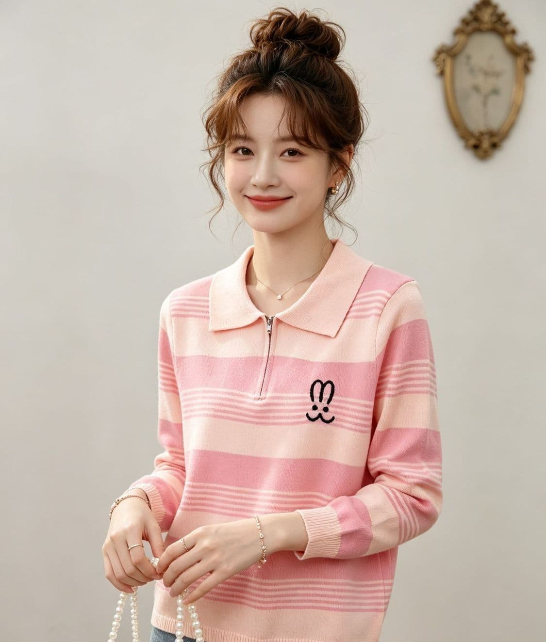 2026 패션 폴로 칼라 자수 하프 지퍼 배색 스트라이프 풀오버 긴팔 이미지 3