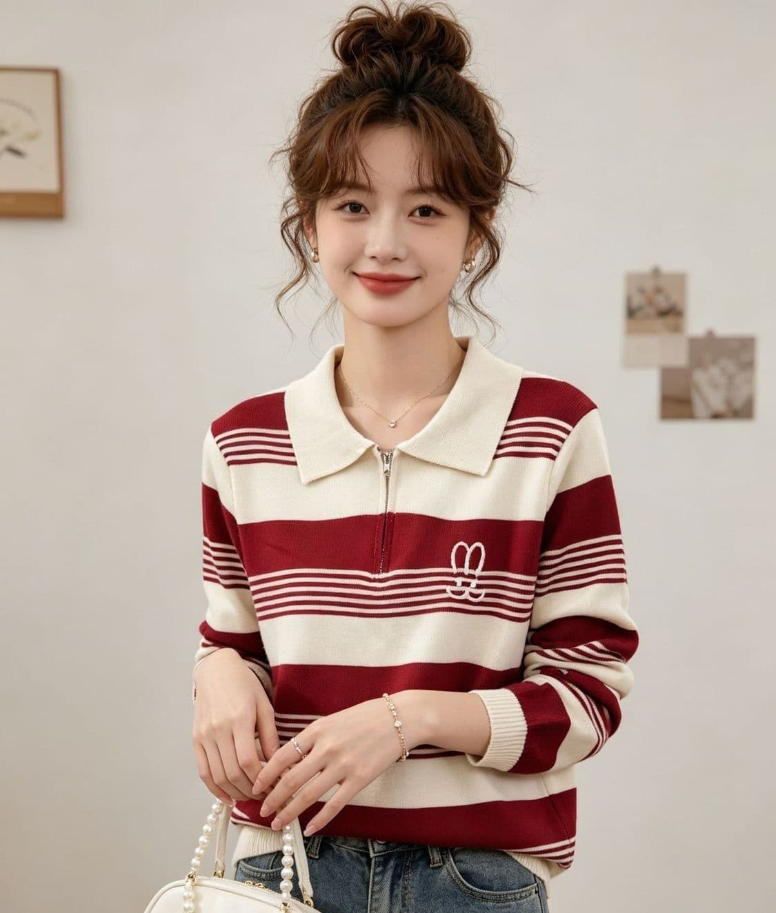 2026 패션 폴로 칼라 자수 하프 지퍼 배색 스트라이프 풀오버 긴팔 이미지 4