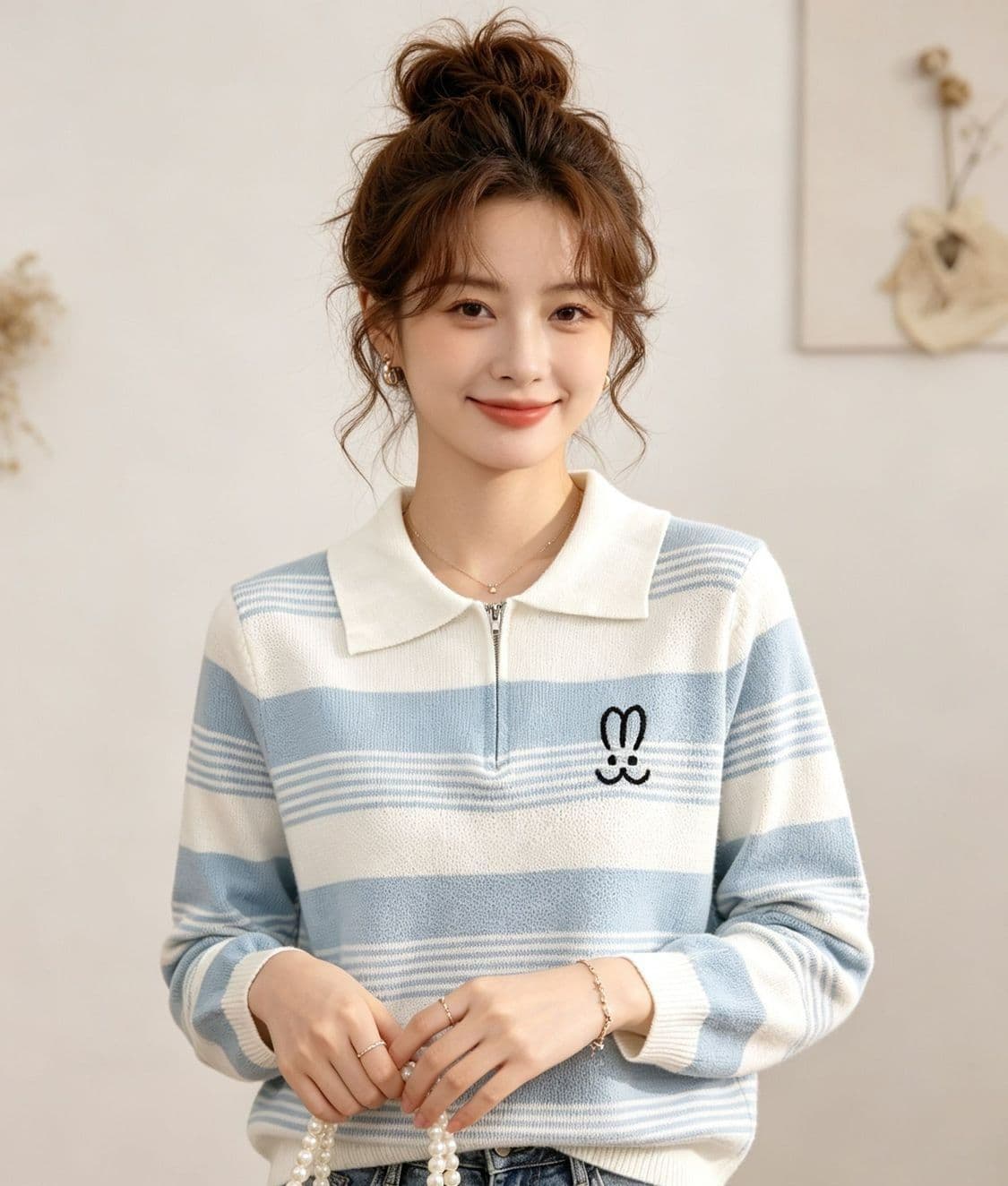 2026 패션 폴로 칼라 자수 하프 지퍼 배색 스트라이프 풀오버 긴팔 상세 이미지 3