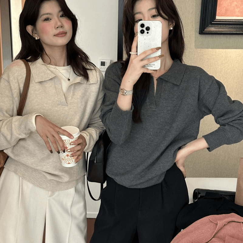 회색 폴로 칼라 스웨터 여자 인사이드 가져 가라. 니트 스웨터 2026 가을 새로운 느긋한 바람 polo 기본 셔츠 한 첨부 된 의류