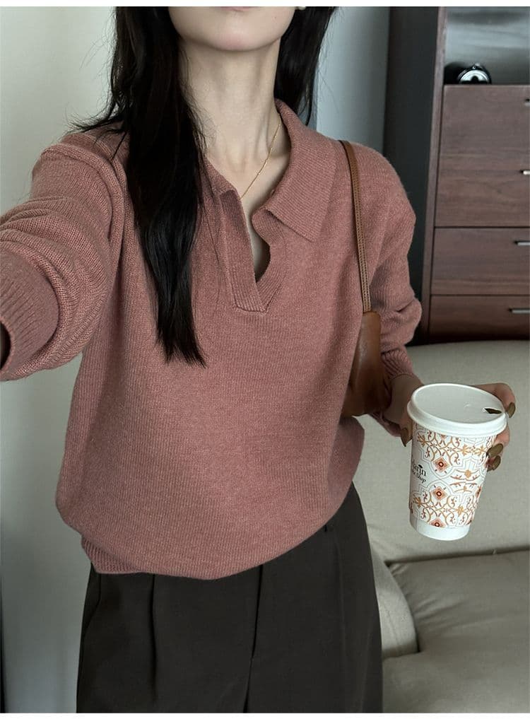 회색 폴로 칼라 스웨터 여자 인사이드 가져 가라. 니트 스웨터 2026 가을 새로운 느긋한 바람 polo 기본 셔츠 한 첨부 된 의류 상세 이미지 24