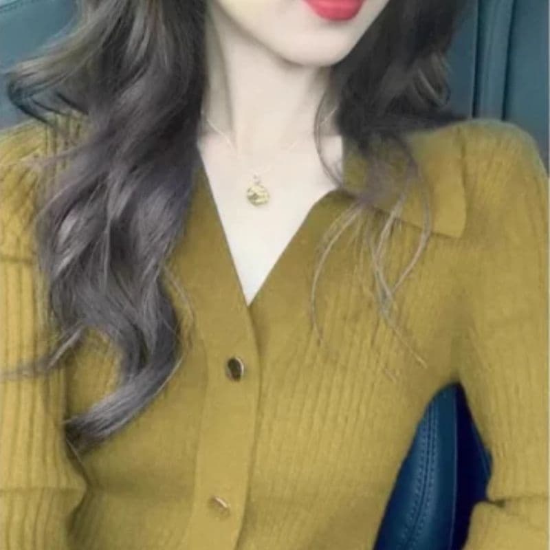 레트로 파란색 V넥 POLO 칼라 디자인 센스 니트 스웨터 여성 가을 2026 새로운 다용도 몸매 가꾸기 슬림해 보이는 맨위 이미지 2