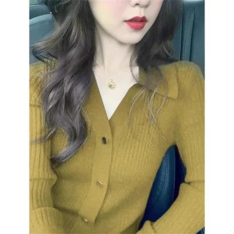 레트로 파란색 V넥 POLO 칼라 디자인 센스 니트 스웨터 여성 가을 2026 새로운 다용도 몸매 가꾸기 슬림해 보이는 맨위 상세 이미지 2