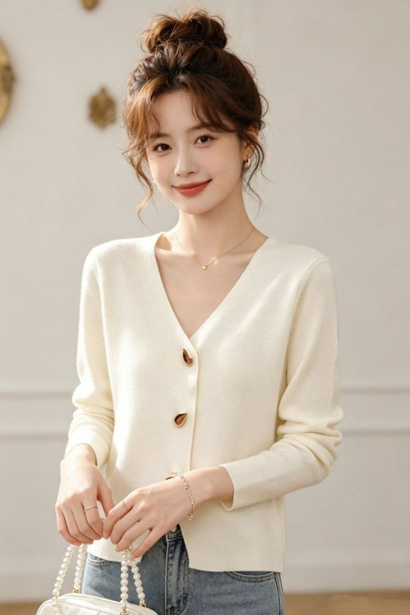 2026 작은 샤넬 스타일 V넥 고급 센스 금속 버클 다용도 긴팔 오픈 가디건 이미지 2
