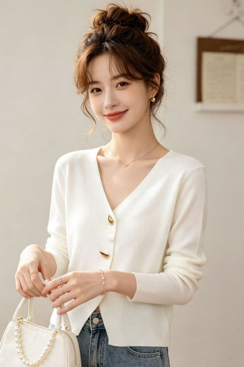 2026 작은 샤넬 스타일 V넥 고급 센스 금속 버클 다용도 긴팔 오픈 가디건 이미지 4