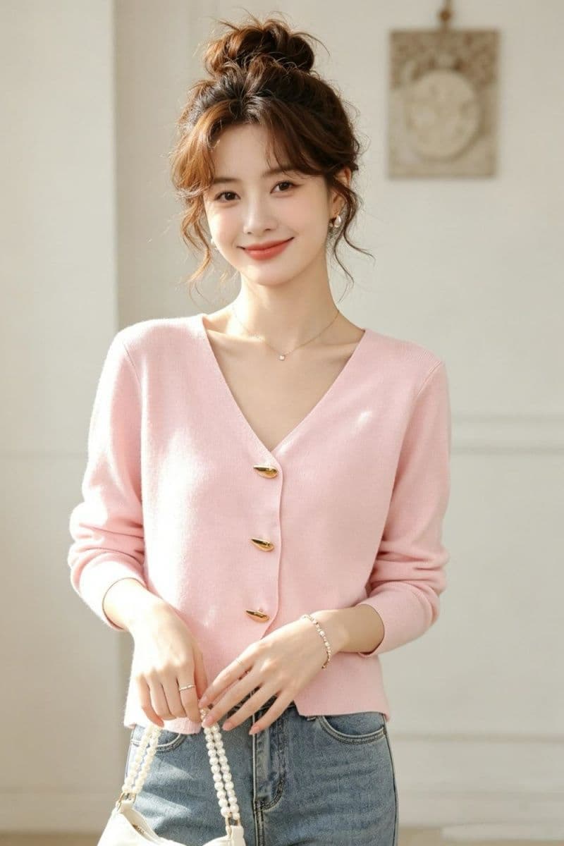 2026 작은 샤넬 스타일 V넥 고급 센스 금속 버클 다용도 긴팔 오픈 가디건 상세 이미지 4