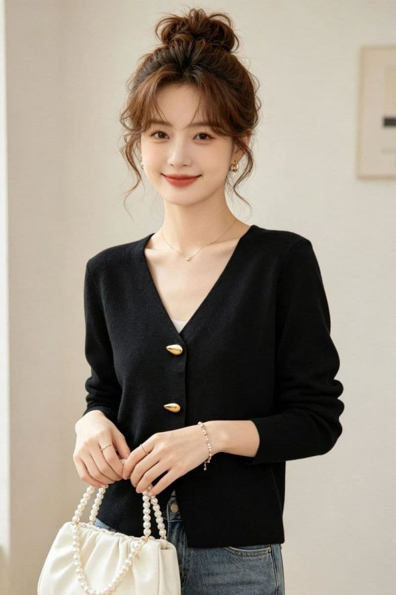 2026 작은 샤넬 스타일 V넥 고급 센스 금속 버클 다용도 긴팔 오픈 가디건 상세 이미지 5