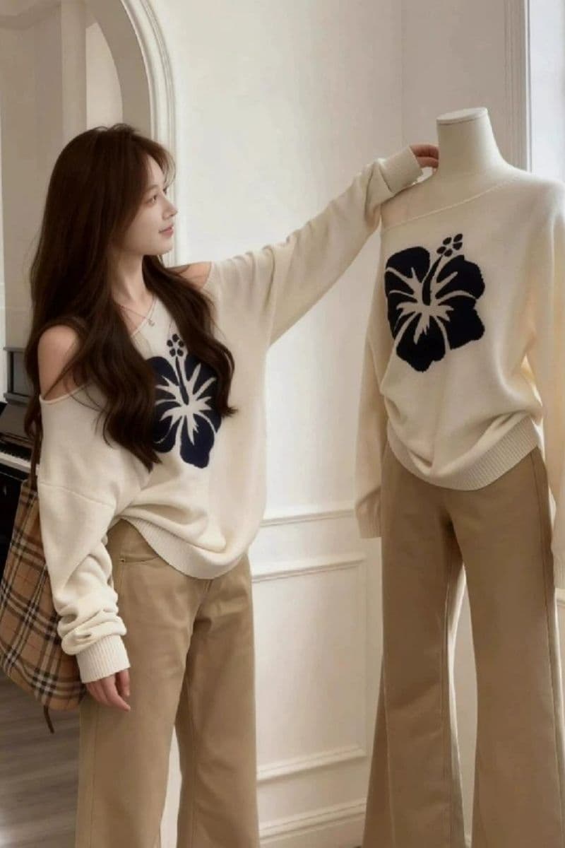 2026 품격 연령 감소 비스듬한 어깨 작은 대중 자카드 니트 루즈핏 Chic 다용도 풀오버 긴팔 이미지 3