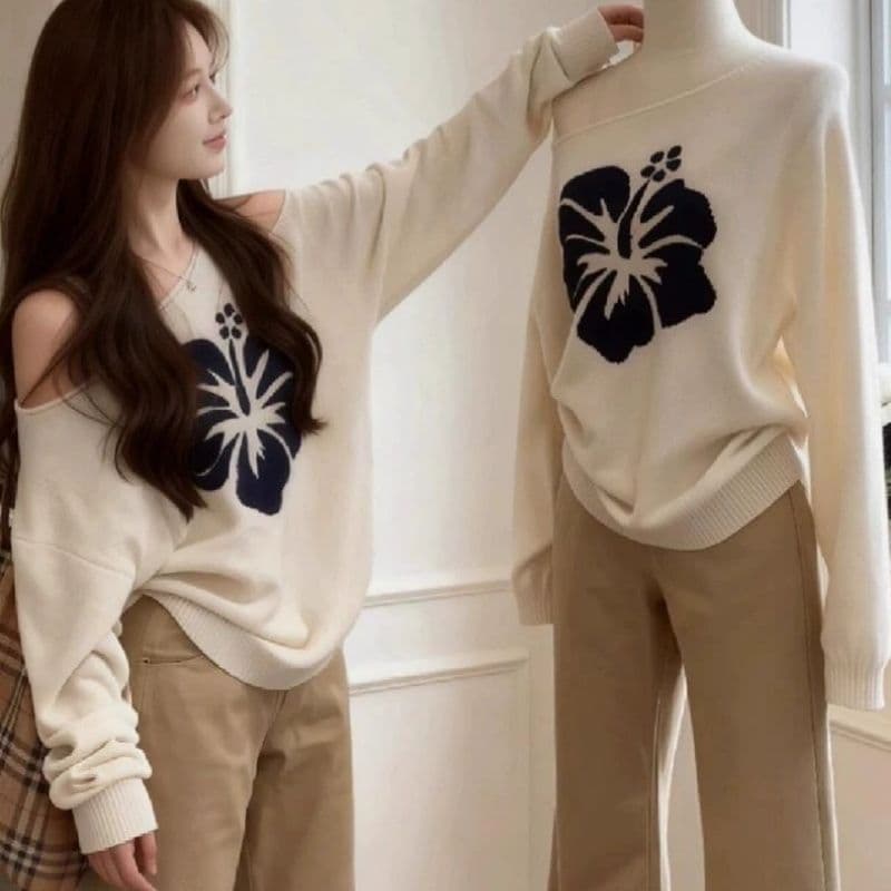 2026 품격 연령 감소 비스듬한 어깨 작은 대중 자카드 니트 루즈핏 Chic 다용도 풀오버 긴팔