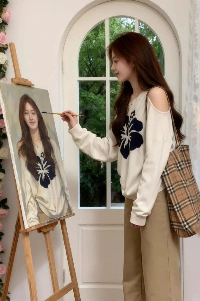 2026 품격 연령 감소 비스듬한 어깨 작은 대중 자카드 니트 루즈핏 Chic 다용도 풀오버 긴팔 이미지 4