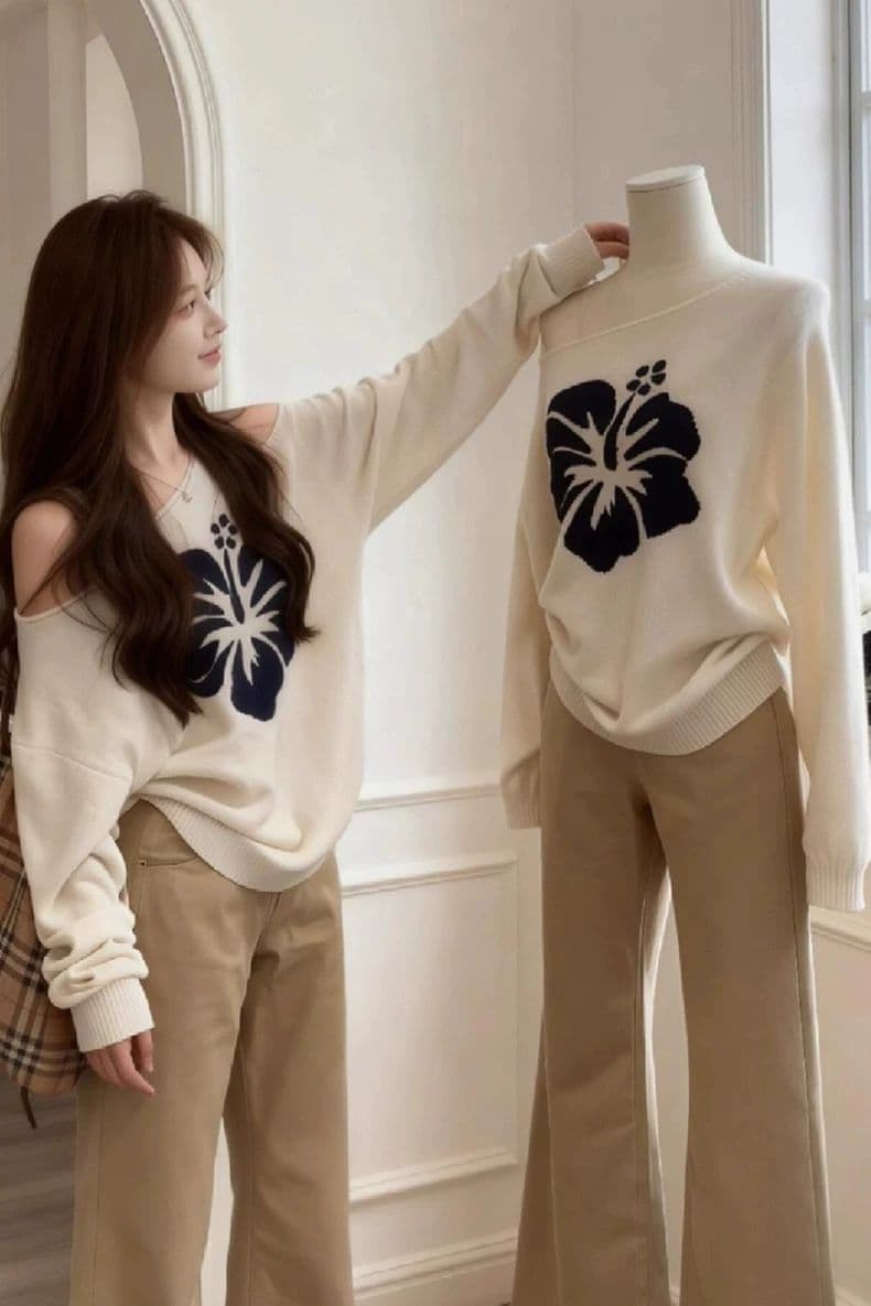 2026 품격 연령 감소 비스듬한 어깨 작은 대중 자카드 니트 루즈핏 Chic 다용도 풀오버 긴팔 상세 이미지 2