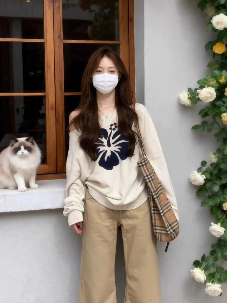 2026 품격 연령 감소 비스듬한 어깨 작은 대중 자카드 니트 루즈핏 Chic 다용도 풀오버 긴팔 상세 이미지 3