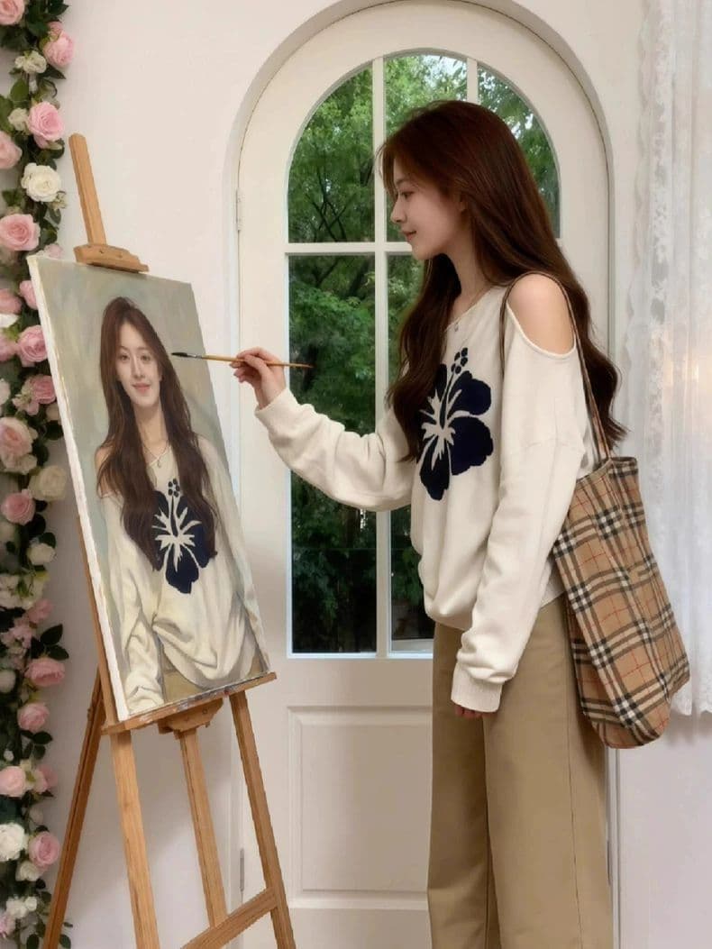 2026 품격 연령 감소 비스듬한 어깨 작은 대중 자카드 니트 루즈핏 Chic 다용도 풀오버 긴팔 상세 이미지 4