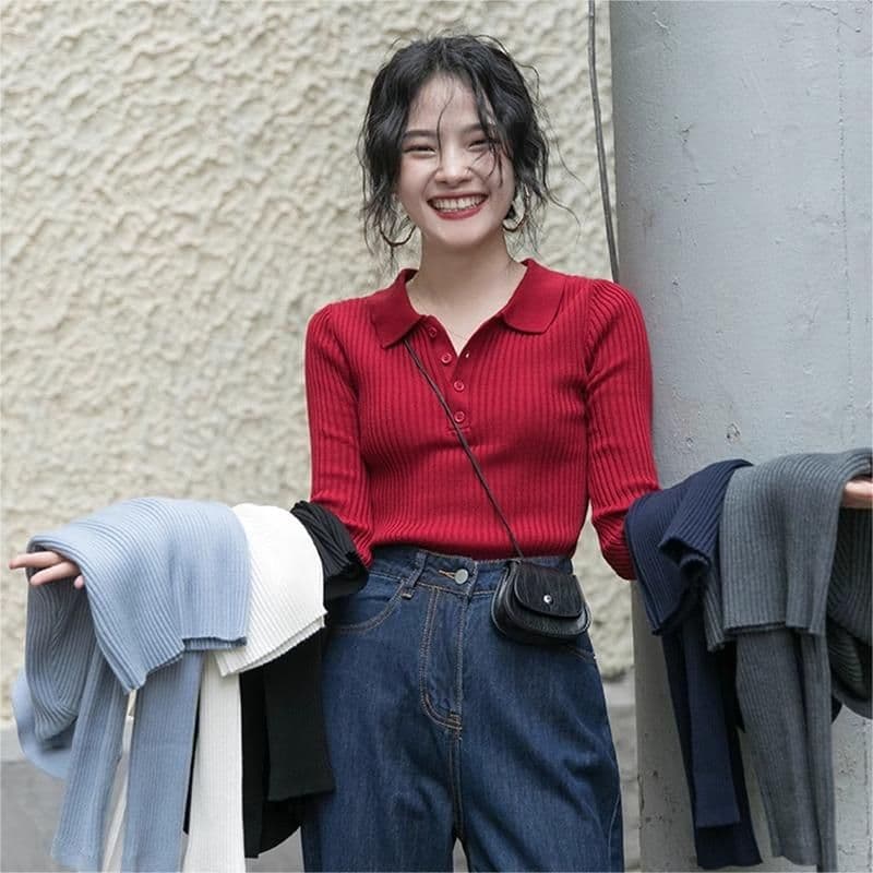 단색 패션 POLO 칼라 긴팔 니트 스웨터 여성 가을 겨울 2026 새로운 인기 다용도 슬림해 보이는 대기 센스 스웨터