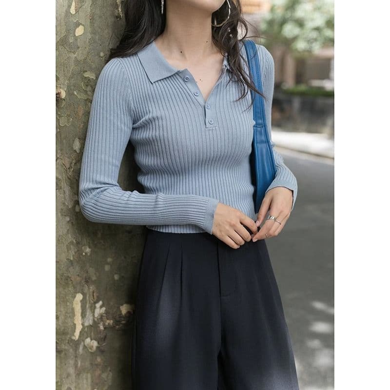 단색 패션 POLO 칼라 긴팔 니트 스웨터 여성 가을 겨울 2026 새로운 인기 다용도 슬림해 보이는 대기 센스 스웨터 이미지 3