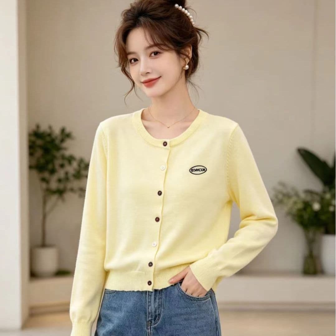 학원 스타일 한 부서 자수 긴팔 단색 니트 스웨터 오픈 가디건 가을 새로운 한 부서 몸매 가꾸기 쇼트 스타일 재킷 맨위