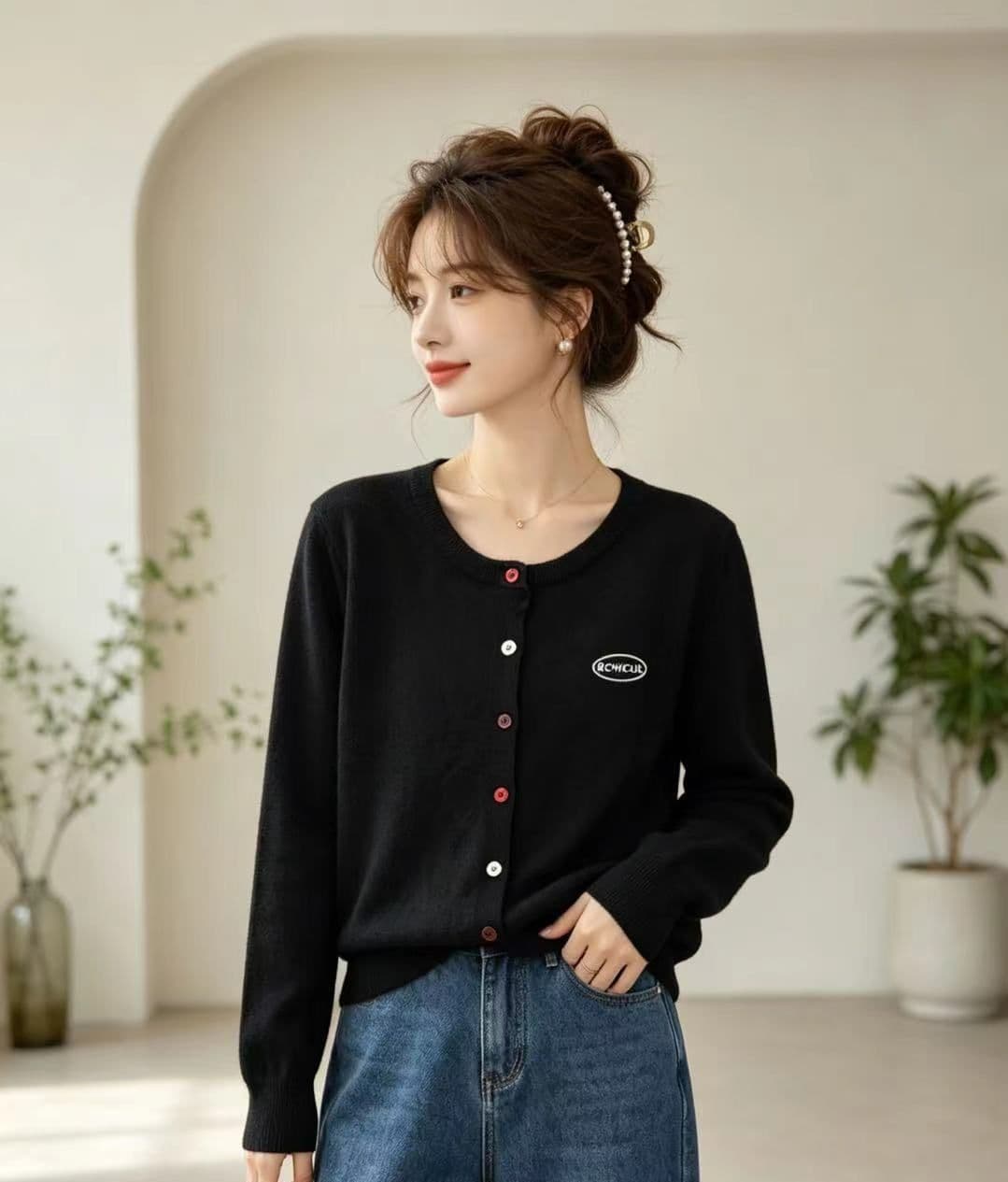 학원 스타일 한 부서 자수 긴팔 단색 니트 스웨터 오픈 가디건 가을 새로운 한 부서 몸매 가꾸기 쇼트 스타일 재킷 맨위 이미지 3