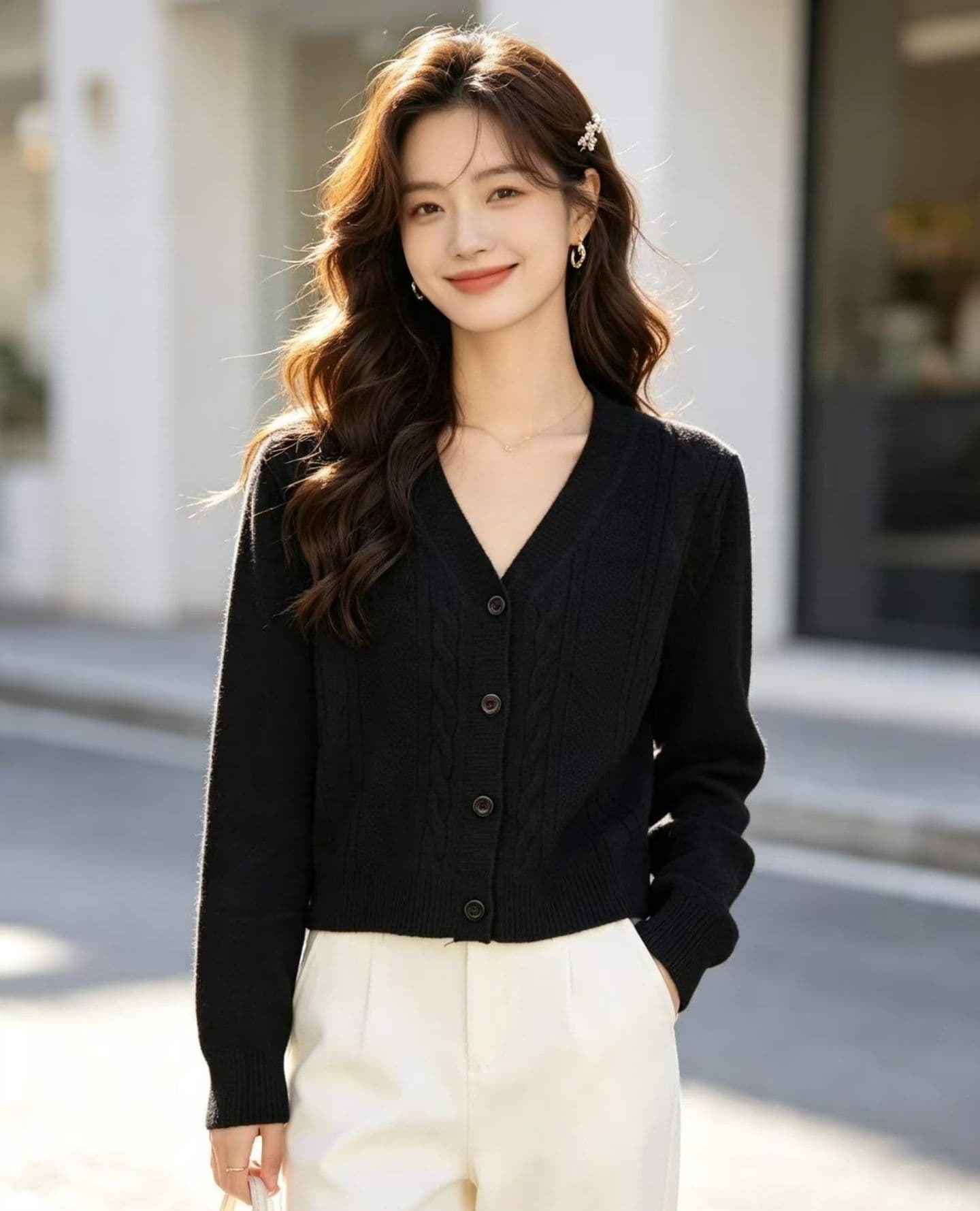 2026 한 부서 V넥 꽈배기 니트 단색 부드러운 찹쌀 긴팔 오픈 가디건 상세 이미지 3