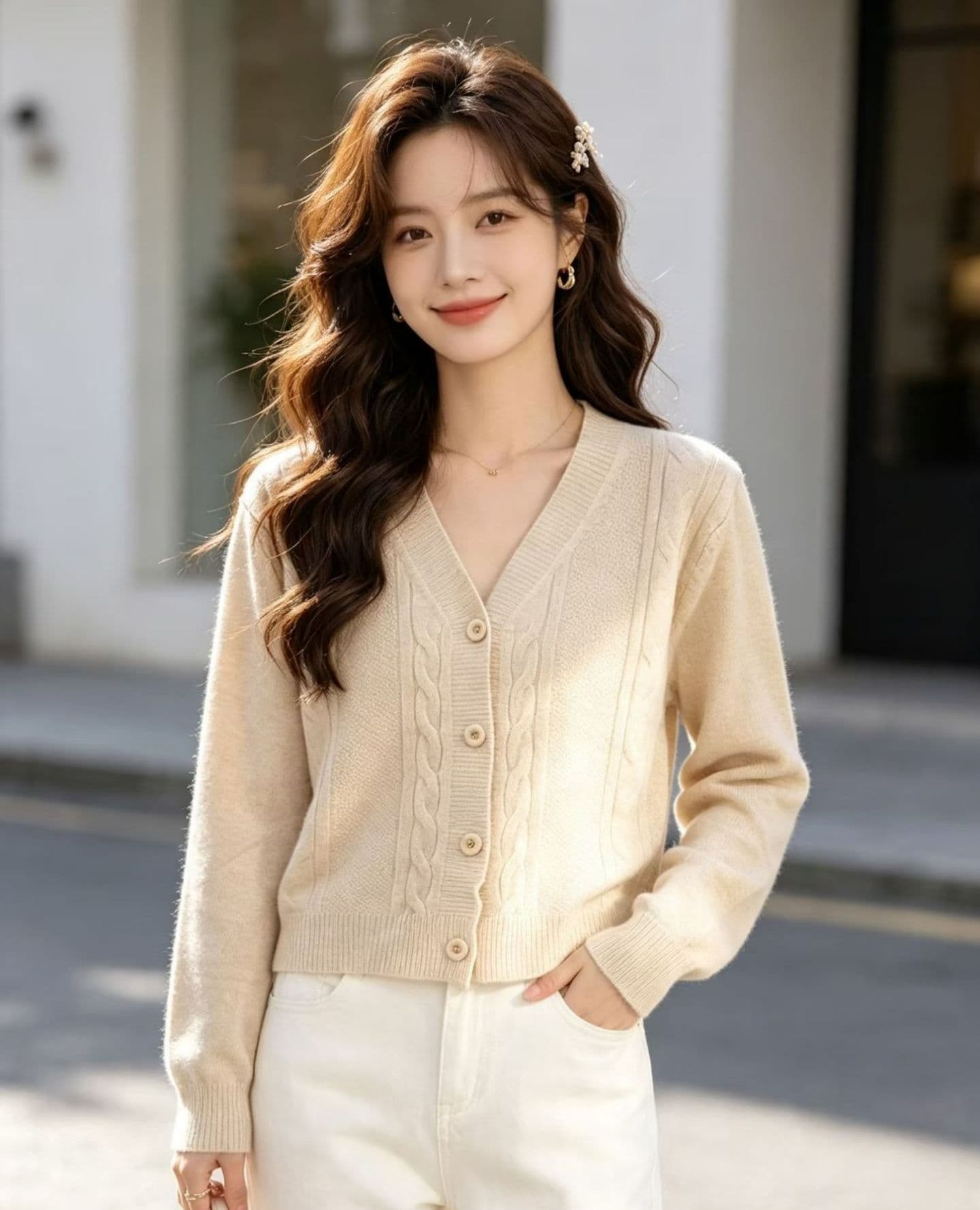 2026 한 부서 V넥 꽈배기 니트 단색 부드러운 찹쌀 긴팔 오픈 가디건 상세 이미지 5