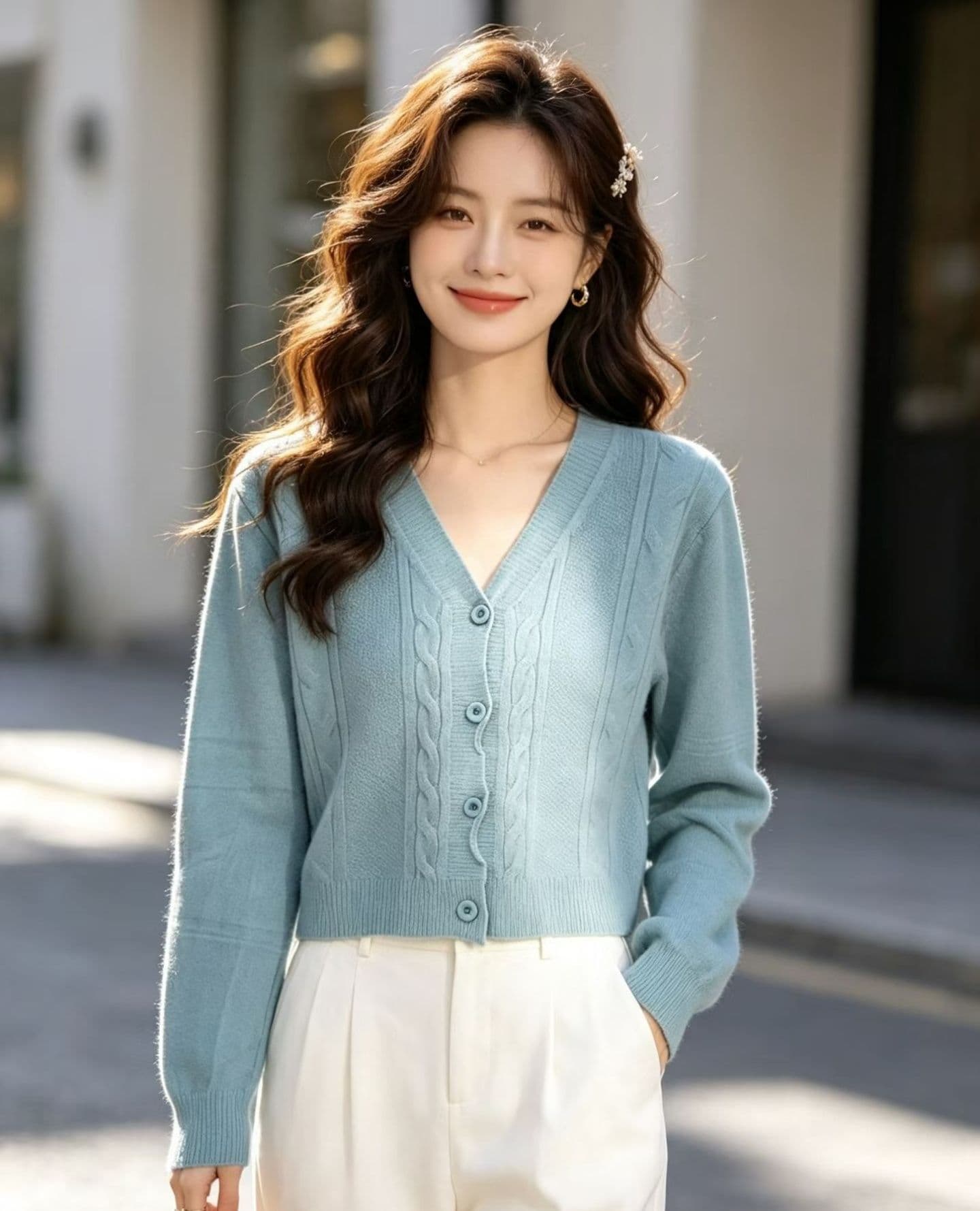 2026 한 부서 V넥 꽈배기 니트 단색 부드러운 찹쌀 긴팔 오픈 가디건 상세 이미지 6