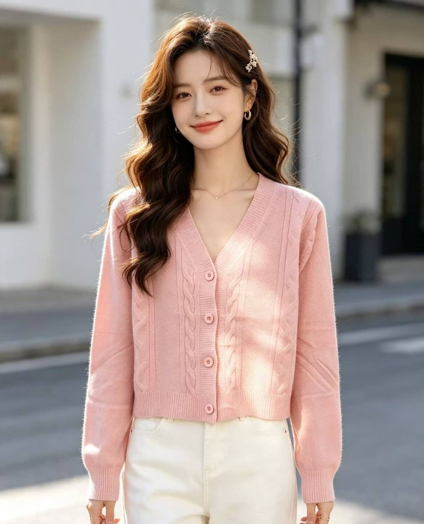 2026 한 부서 V넥 꽈배기 니트 단색 부드러운 찹쌀 긴팔 오픈 가디건 상세 이미지 10