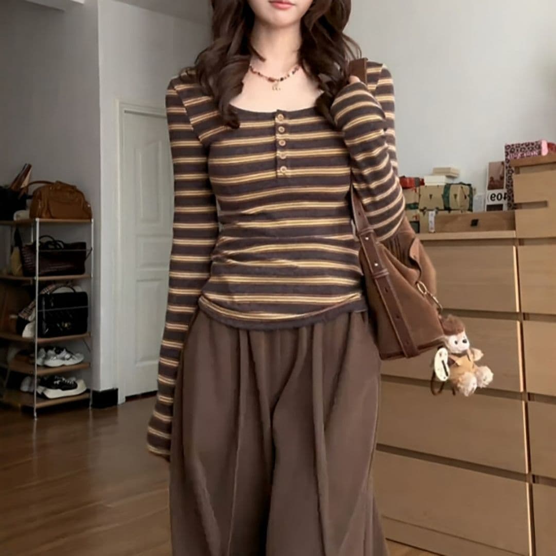 2026 패션 u 칼라 하프 열린 가슴 배색 스트라이프 다용도 풀오버 긴팔 이미지 2