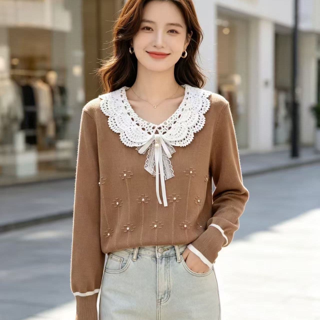 부드러운 달콤함 바람 벨트 레이스 베이비 칼라 진주 나비 매듭 니트 풀오버 긴팔 이미지 3