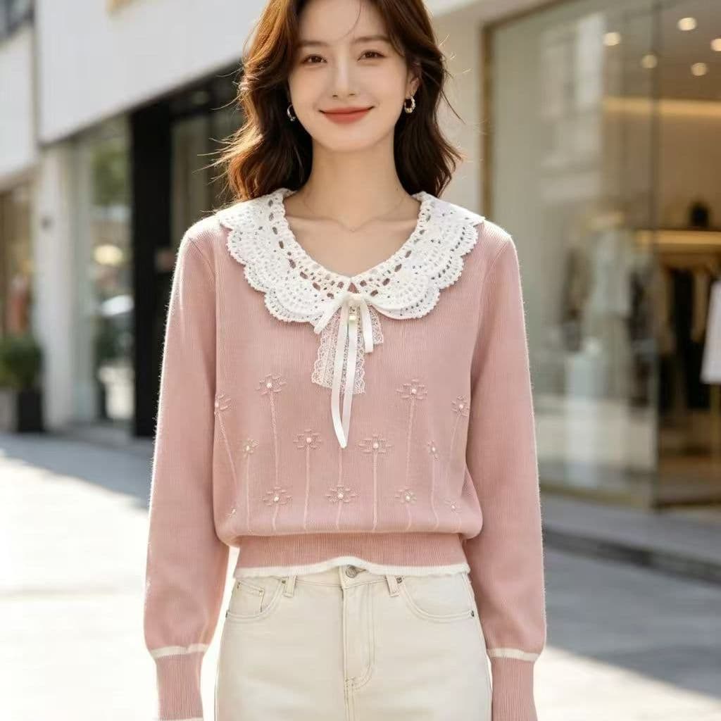 부드러운 달콤함 바람 벨트 레이스 베이비 칼라 진주 나비 매듭 니트 풀오버 긴팔 상세 이미지 2
