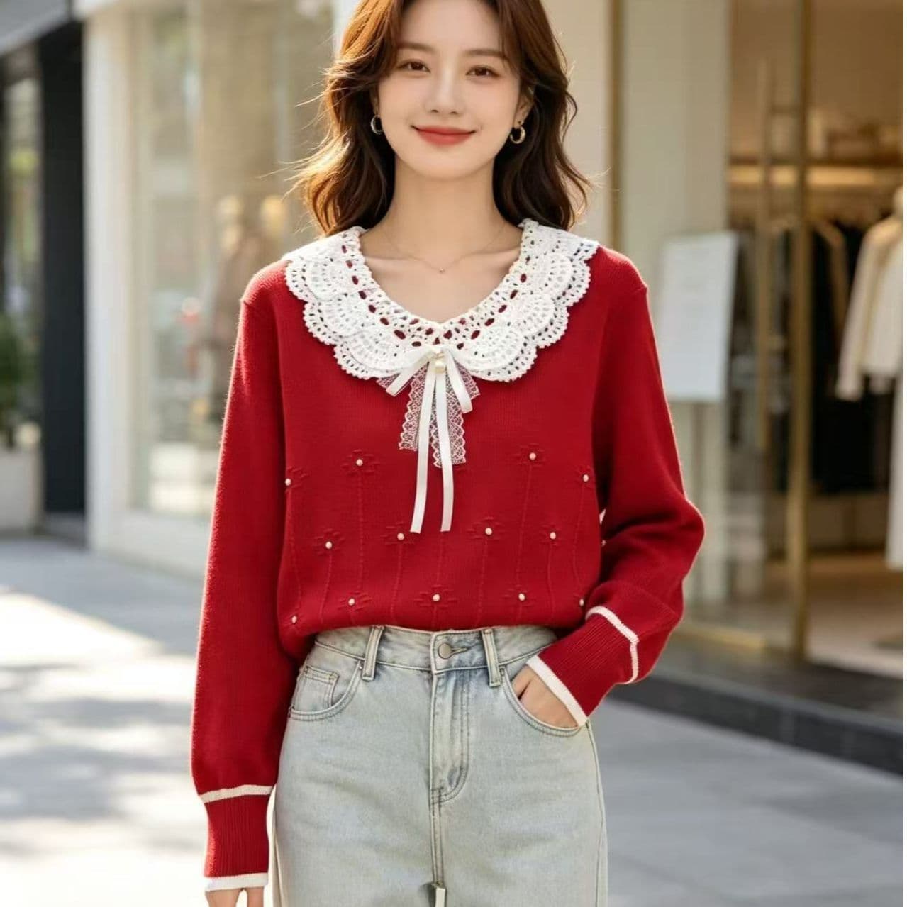 부드러운 달콤함 바람 벨트 레이스 베이비 칼라 진주 나비 매듭 니트 풀오버 긴팔 상세 이미지 3