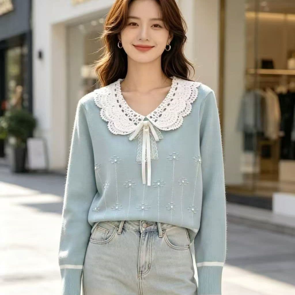 부드러운 달콤함 바람 벨트 레이스 베이비 칼라 진주 나비 매듭 니트 풀오버 긴팔 상세 이미지 4