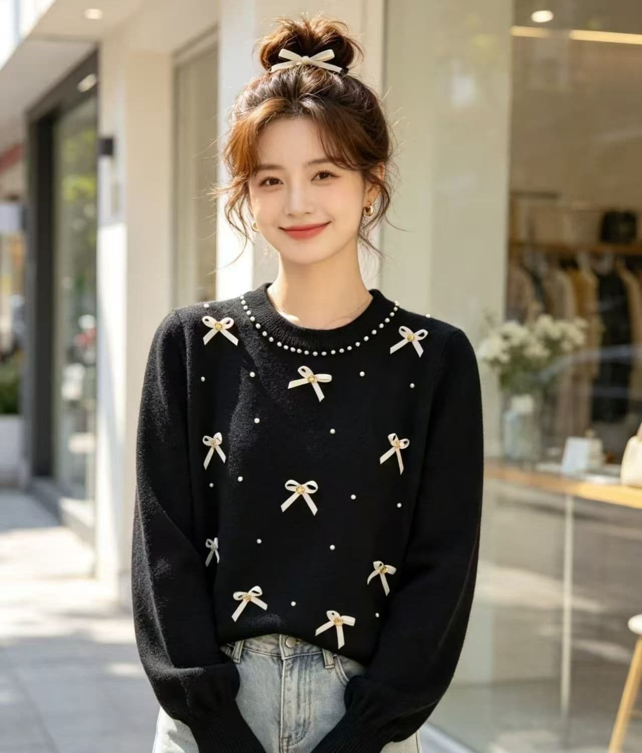 달콤함 부드러운 라운드 넥 진주 나비 매듭 질감 니트 풀오버 긴팔 이미지 2