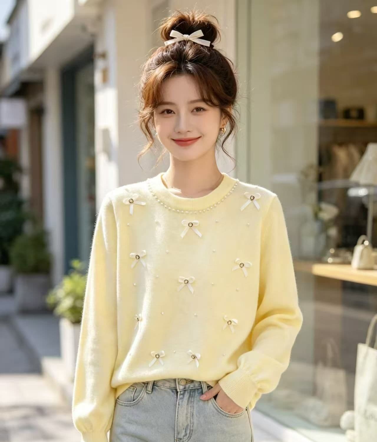 달콤함 부드러운 라운드 넥 진주 나비 매듭 질감 니트 풀오버 긴팔 상세 이미지 2