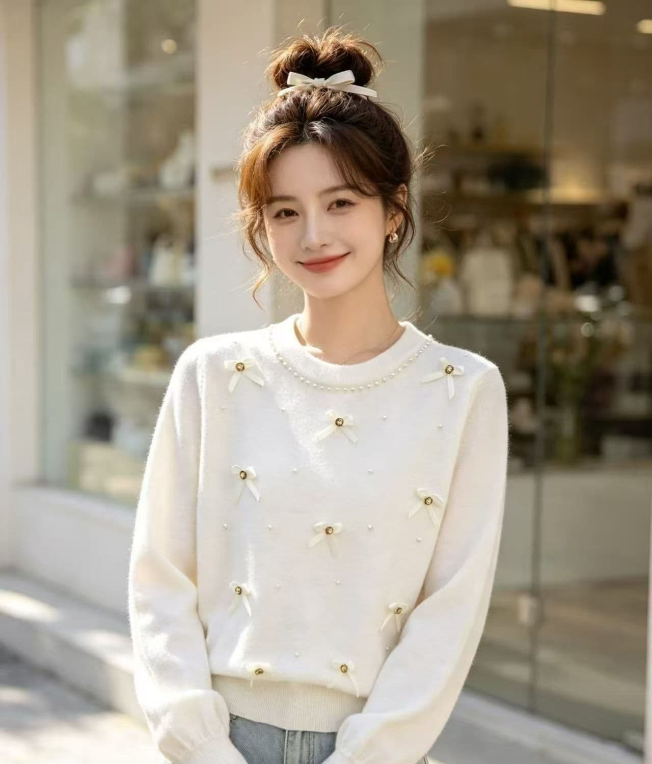 달콤함 부드러운 라운드 넥 진주 나비 매듭 질감 니트 풀오버 긴팔 상세 이미지 5