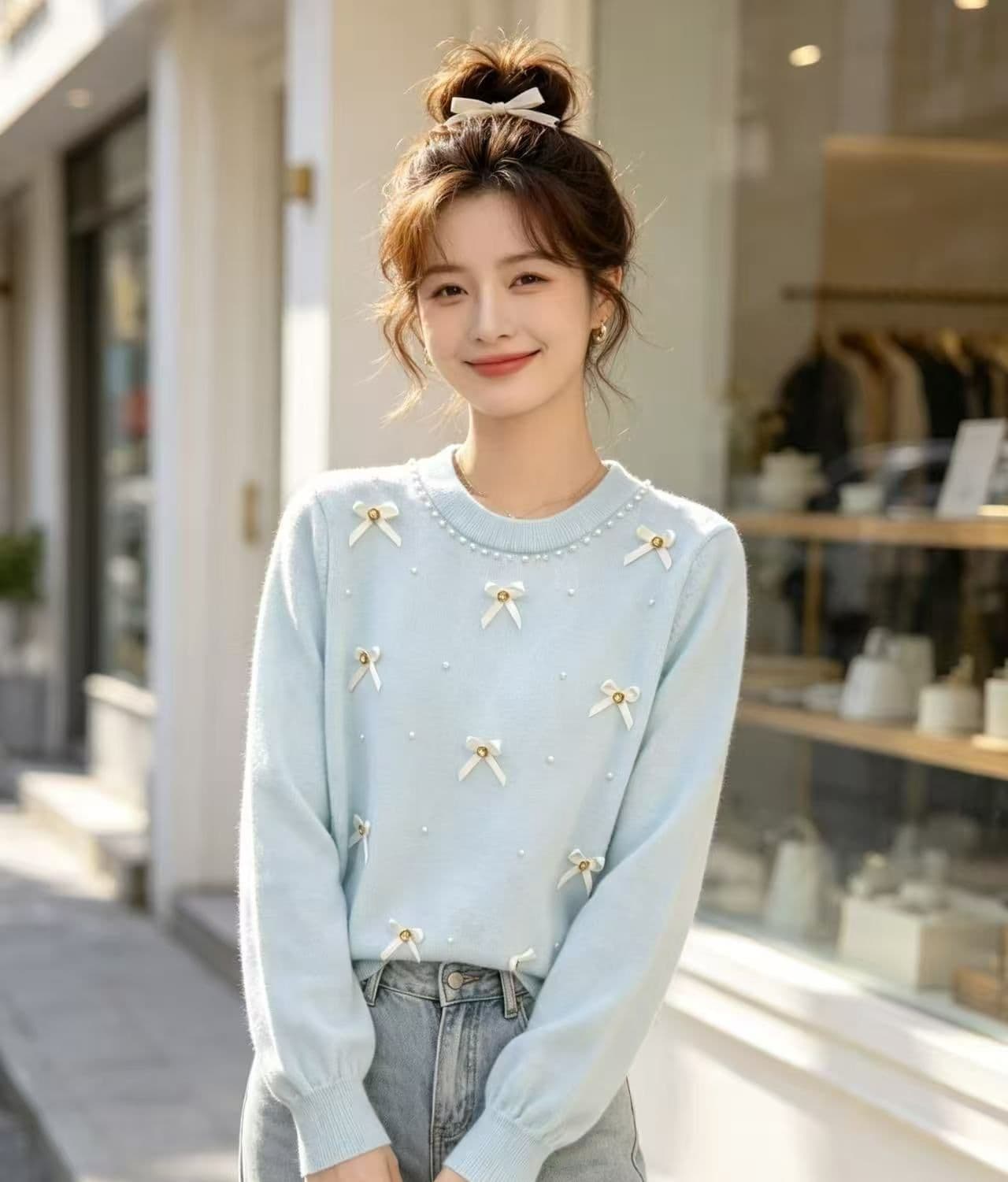 달콤함 부드러운 라운드 넥 진주 나비 매듭 질감 니트 풀오버 긴팔 상세 이미지 6
