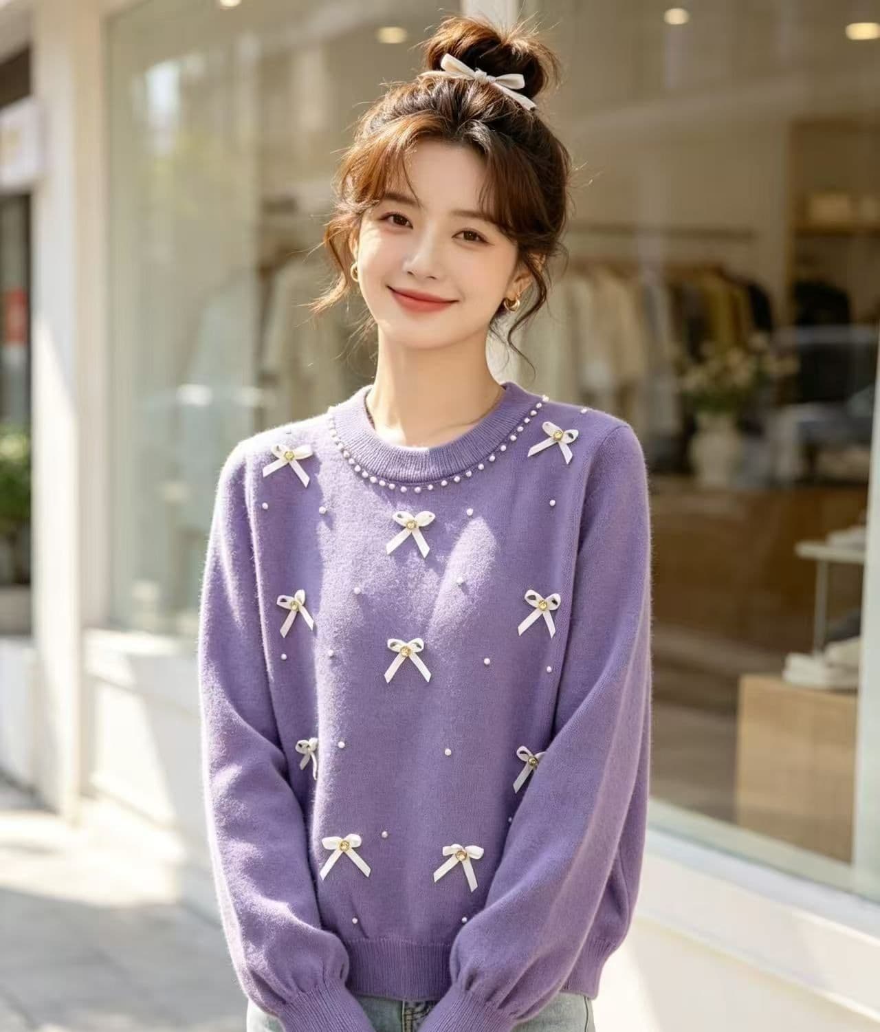 달콤함 부드러운 라운드 넥 진주 나비 매듭 질감 니트 풀오버 긴팔 상세 이미지 7
