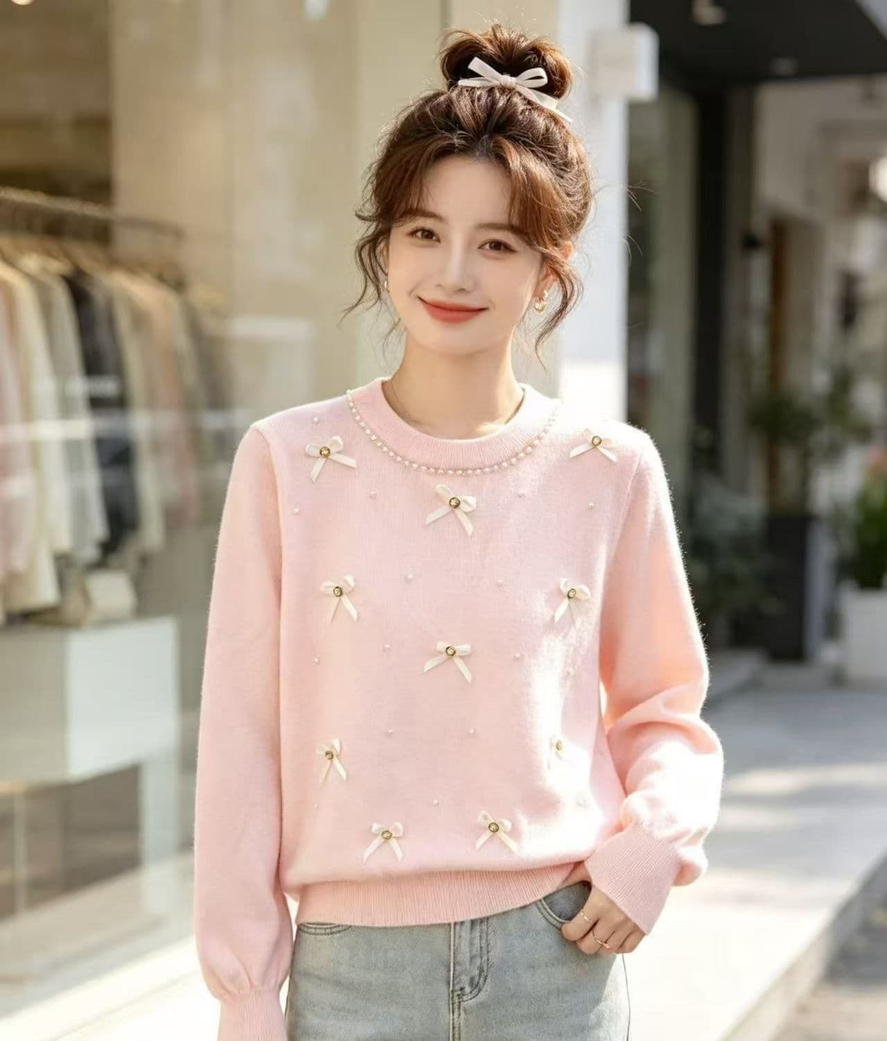 달콤함 부드러운 라운드 넥 진주 나비 매듭 질감 니트 풀오버 긴팔 상세 이미지 8