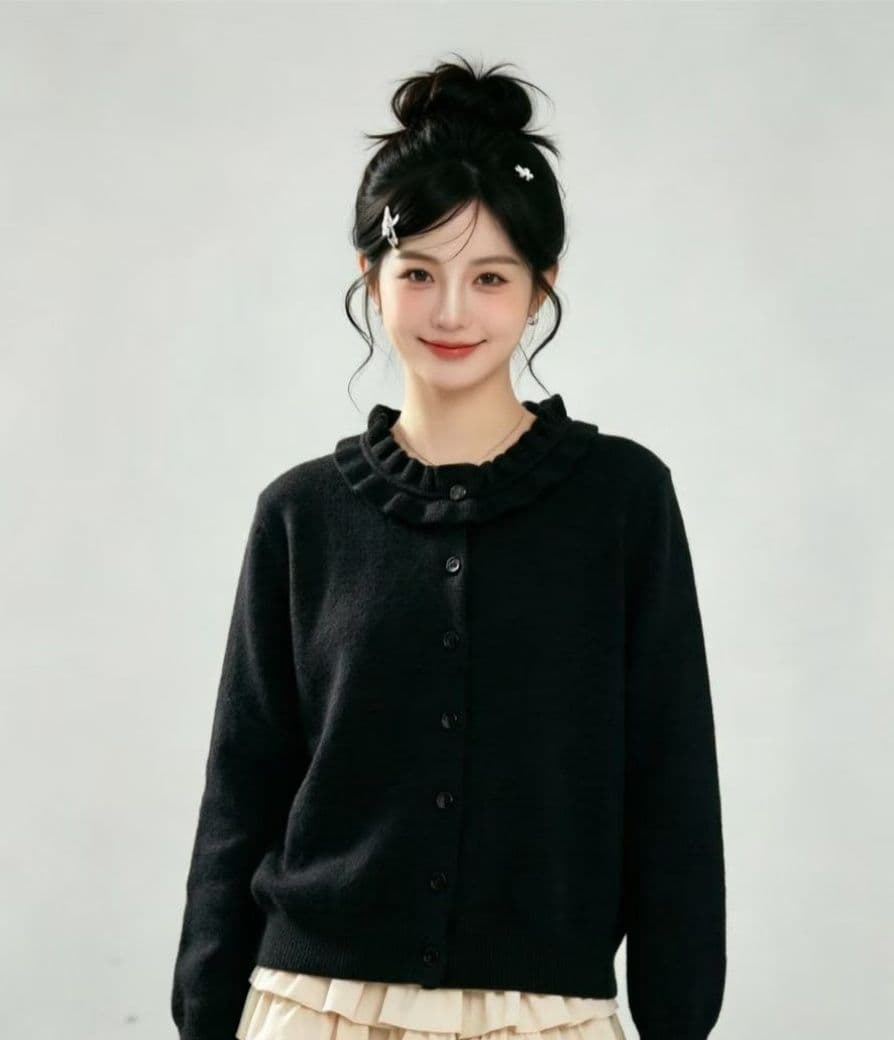 2026 부드러운 우아함 프릴 라운드 넥 니트 오픈 가디건 긴팔 이미지 2