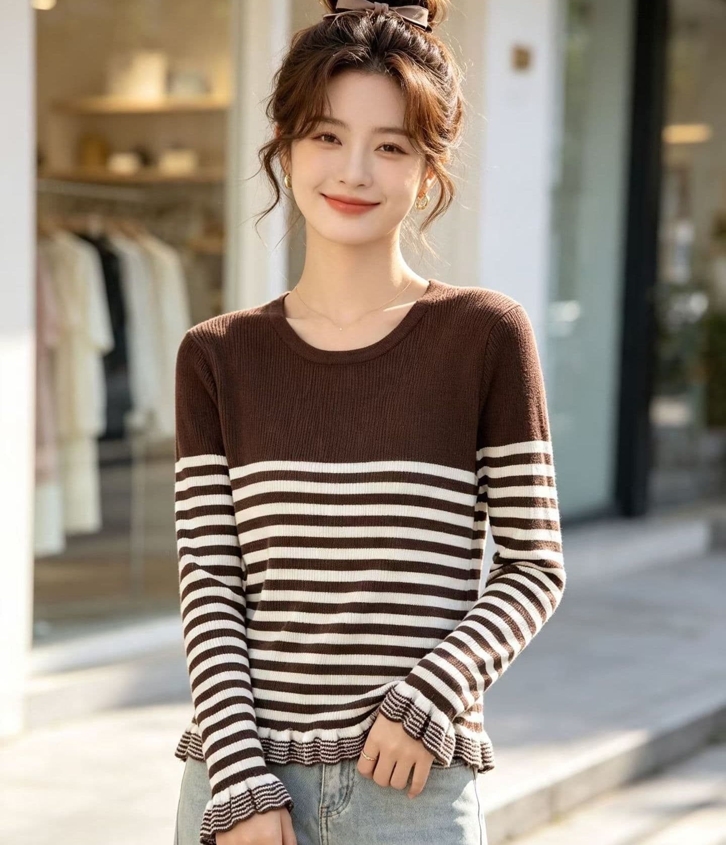 2026 패션 라운드 넥 배색 스트라이프 구덩이 기사 슬림해 보이는 프릴 풀오버 긴팔 이미지 4