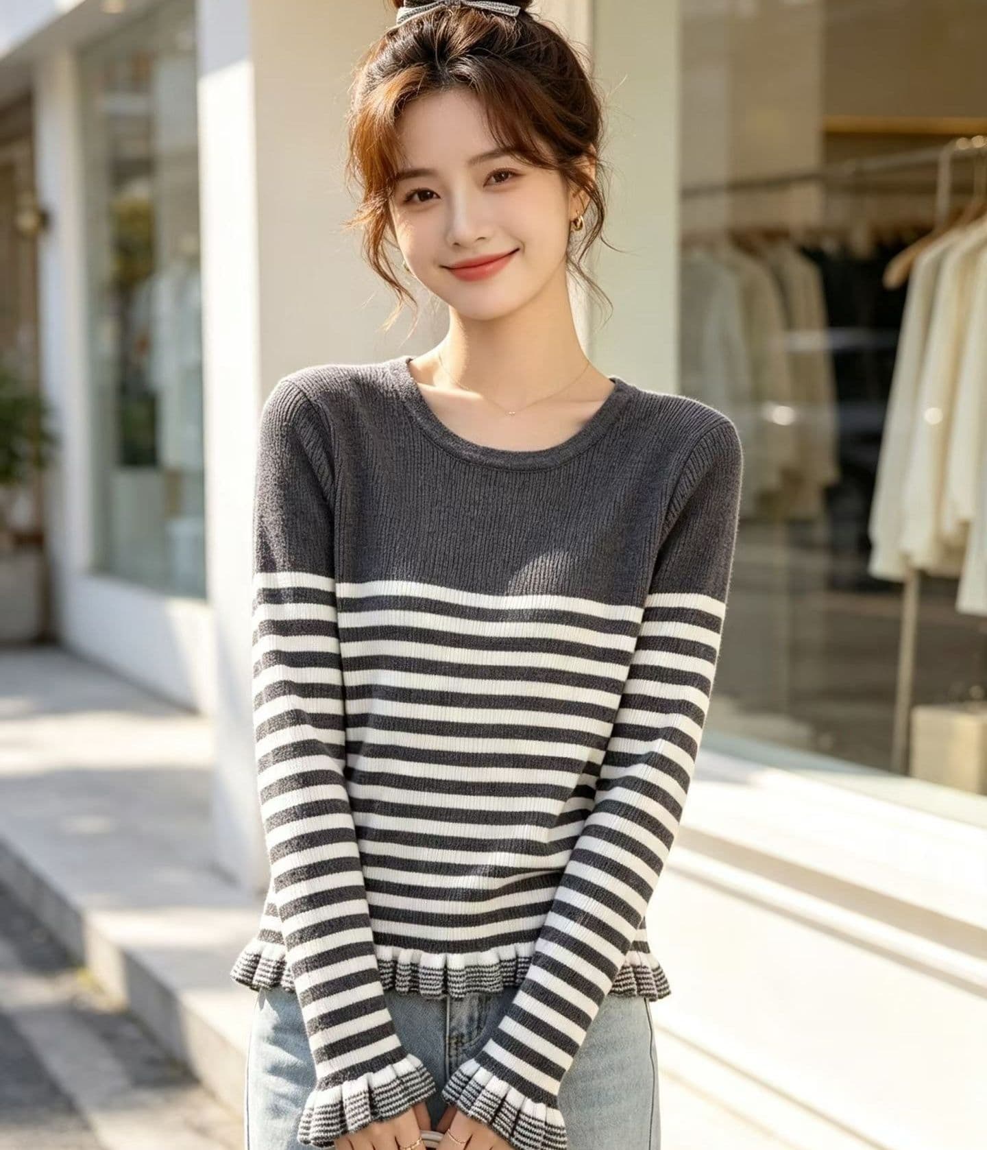 2026 패션 라운드 넥 배색 스트라이프 구덩이 기사 슬림해 보이는 프릴 풀오버 긴팔 이미지 3